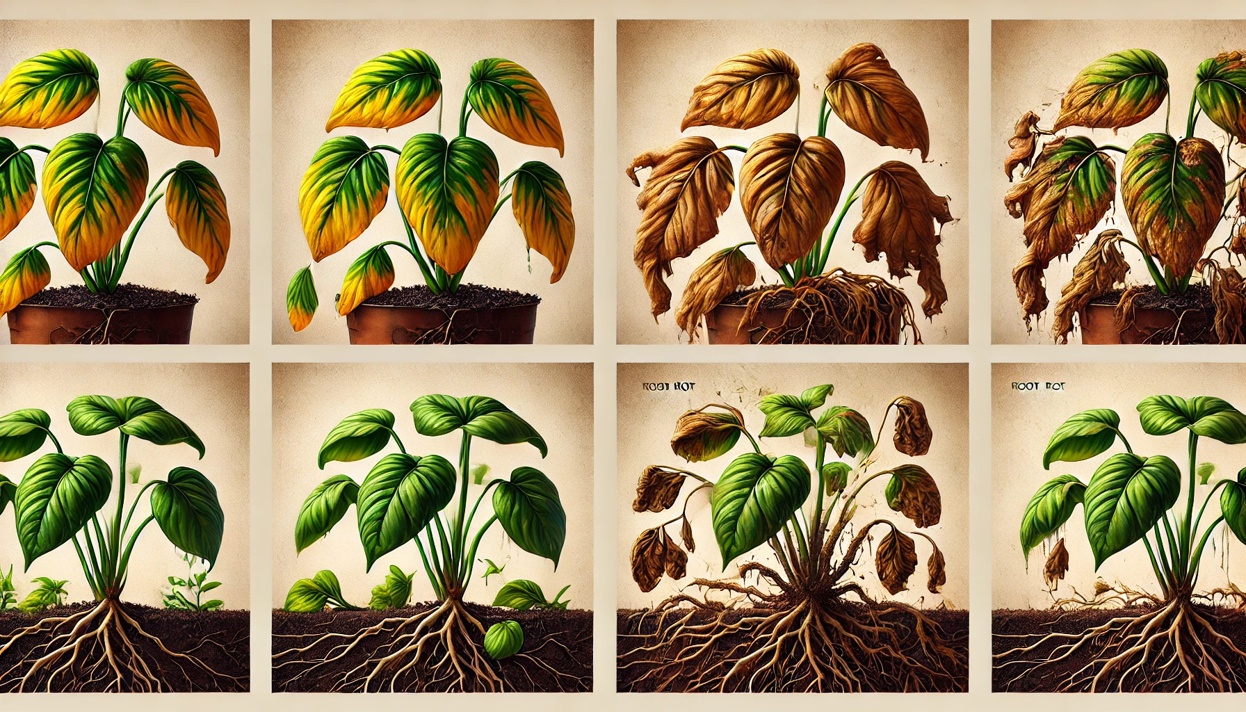 A sequence of illustrations showing a plant's health decline due to root rot, transitioning from vibrant green to wilted and brown leaves.