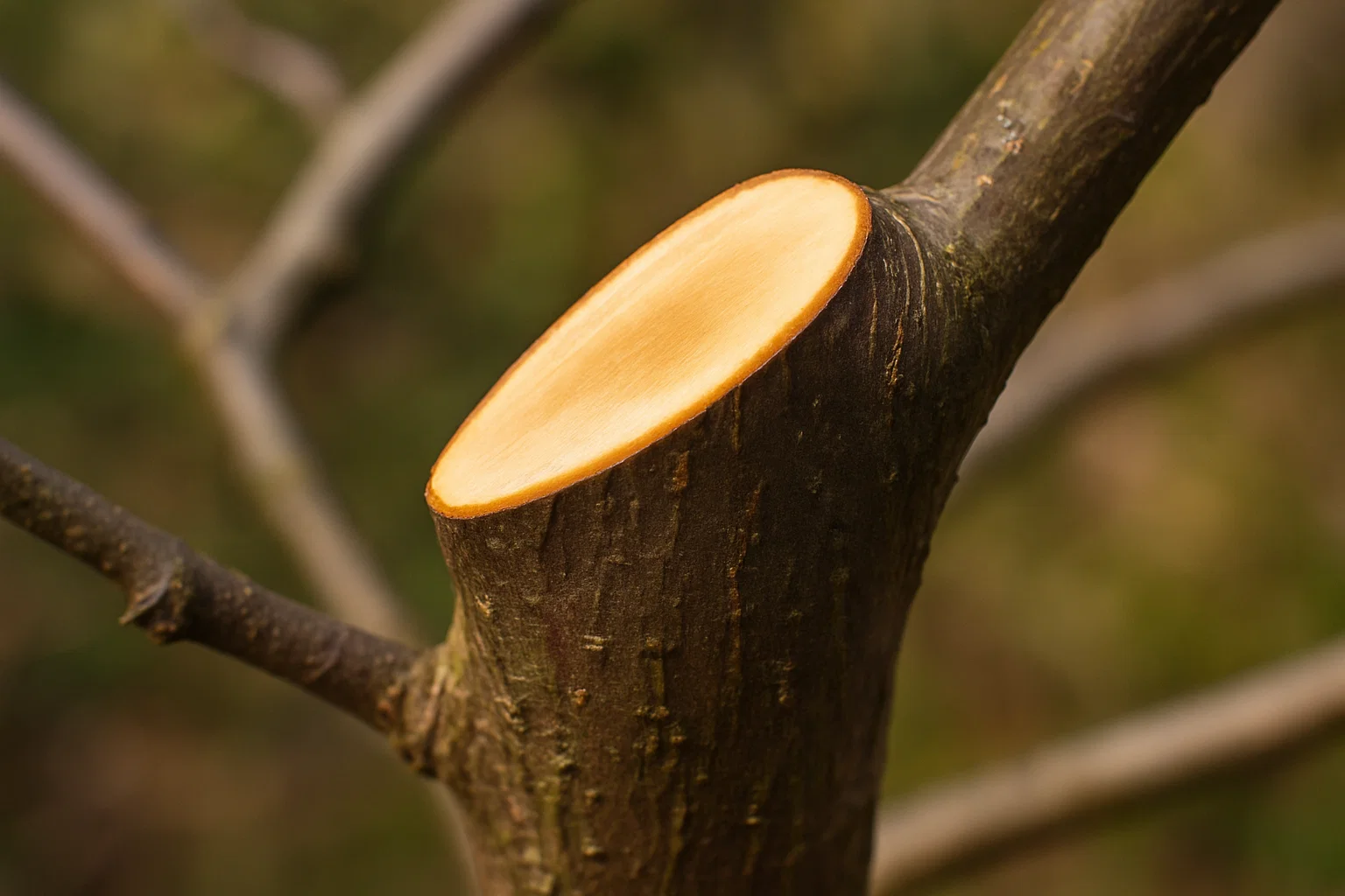 A close-up of a freshly cut tree branch, showcasing the smooth, light-colored wood and the rough, dark bark surrounding it.