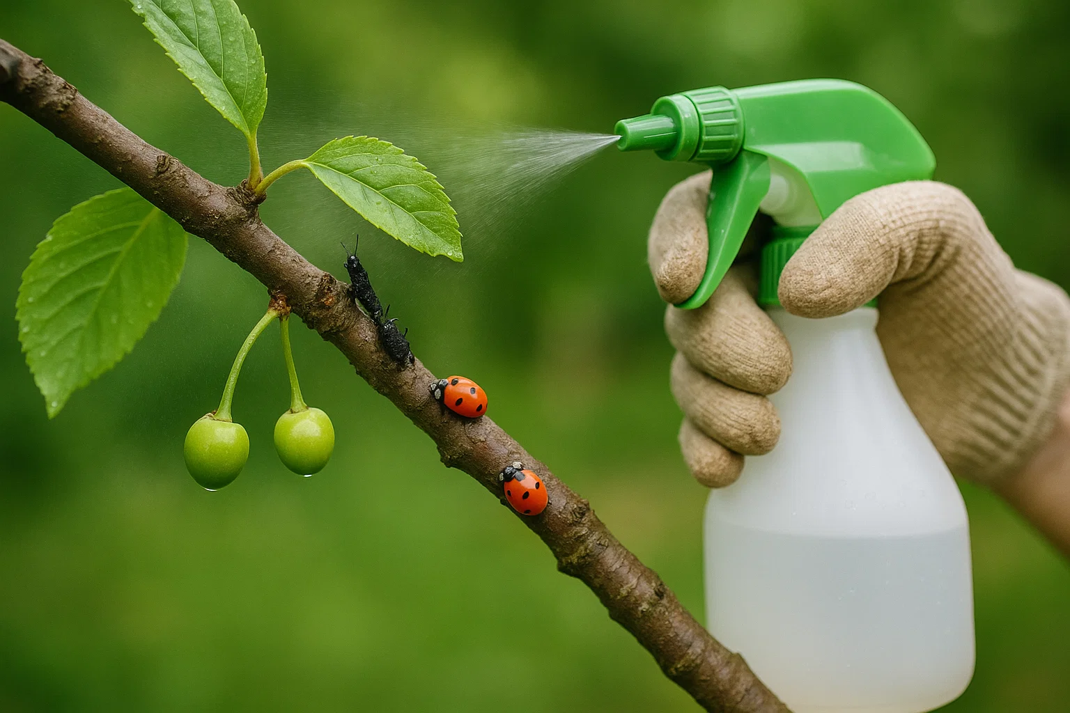 A gloved hand sprays a green cherry tree branch, with ladybugs and aphids on the bark, set against a blurred green background.