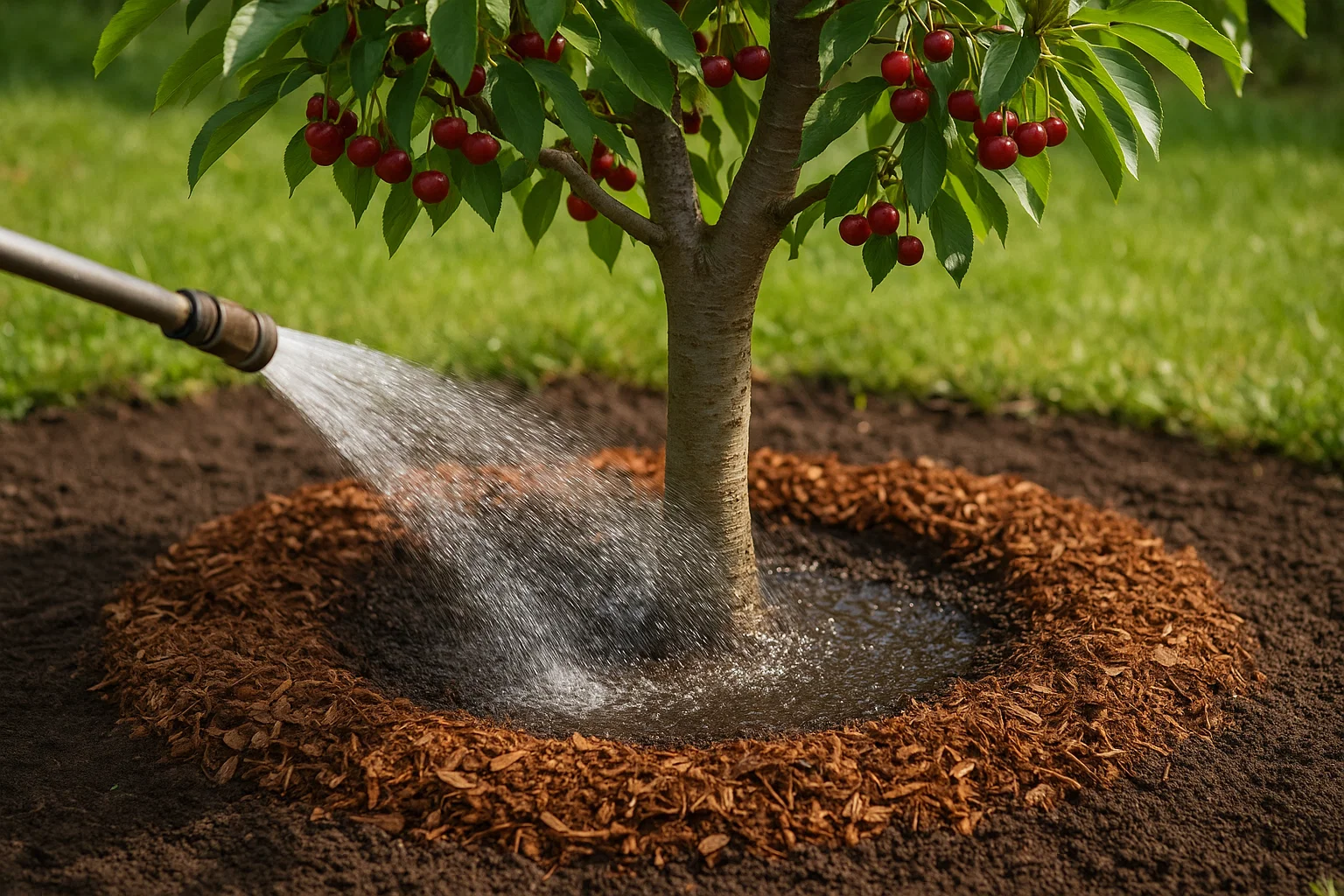 A cherry tree with ripe red fruit is being watered, surrounded by a mulch ring on rich, dark soil in a lush garden setting.