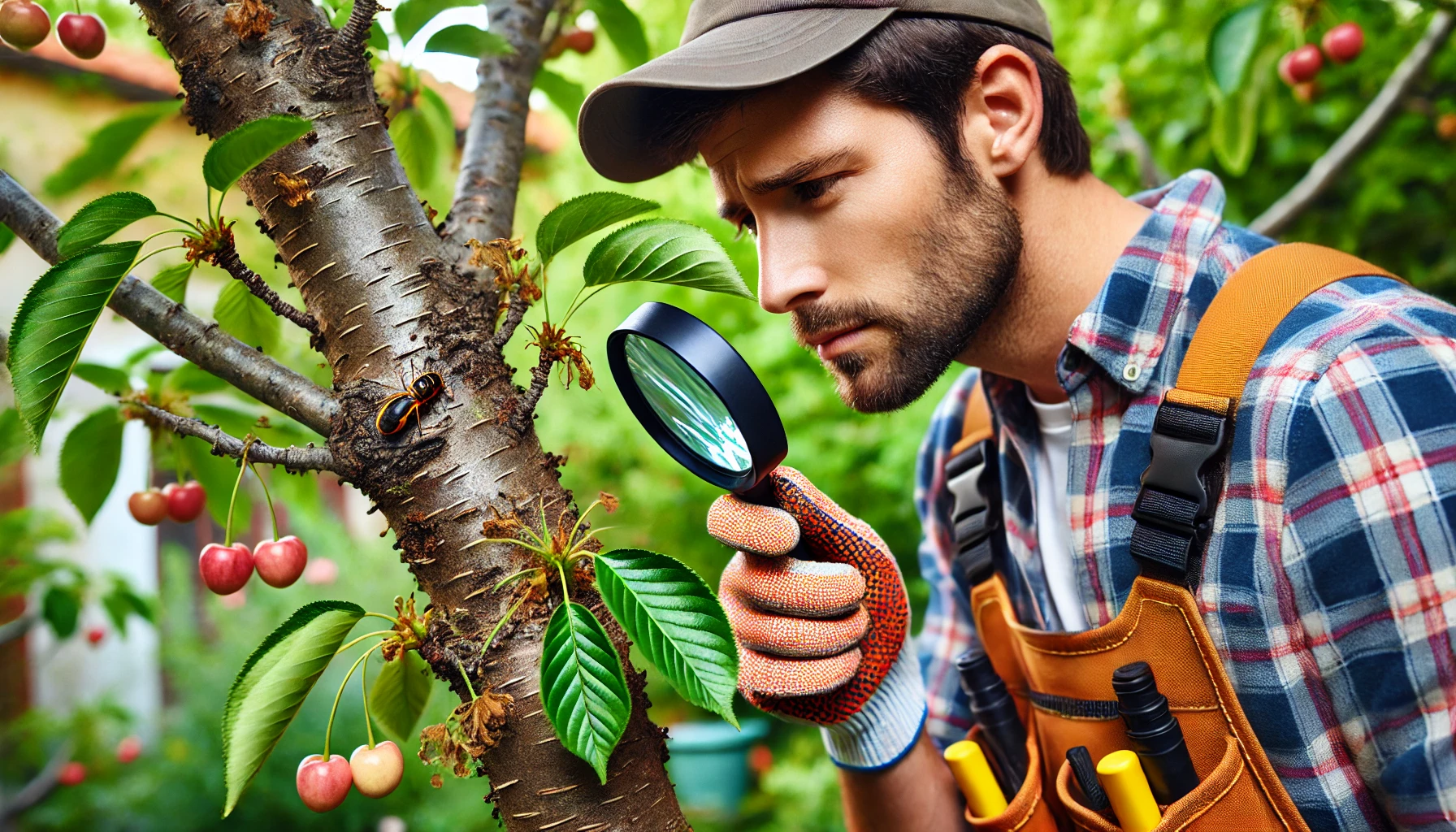 A gardener examines a cherry tree with a magnifying glass, wearing gloves and an apron filled with tools among ripe cherries and green leaves.