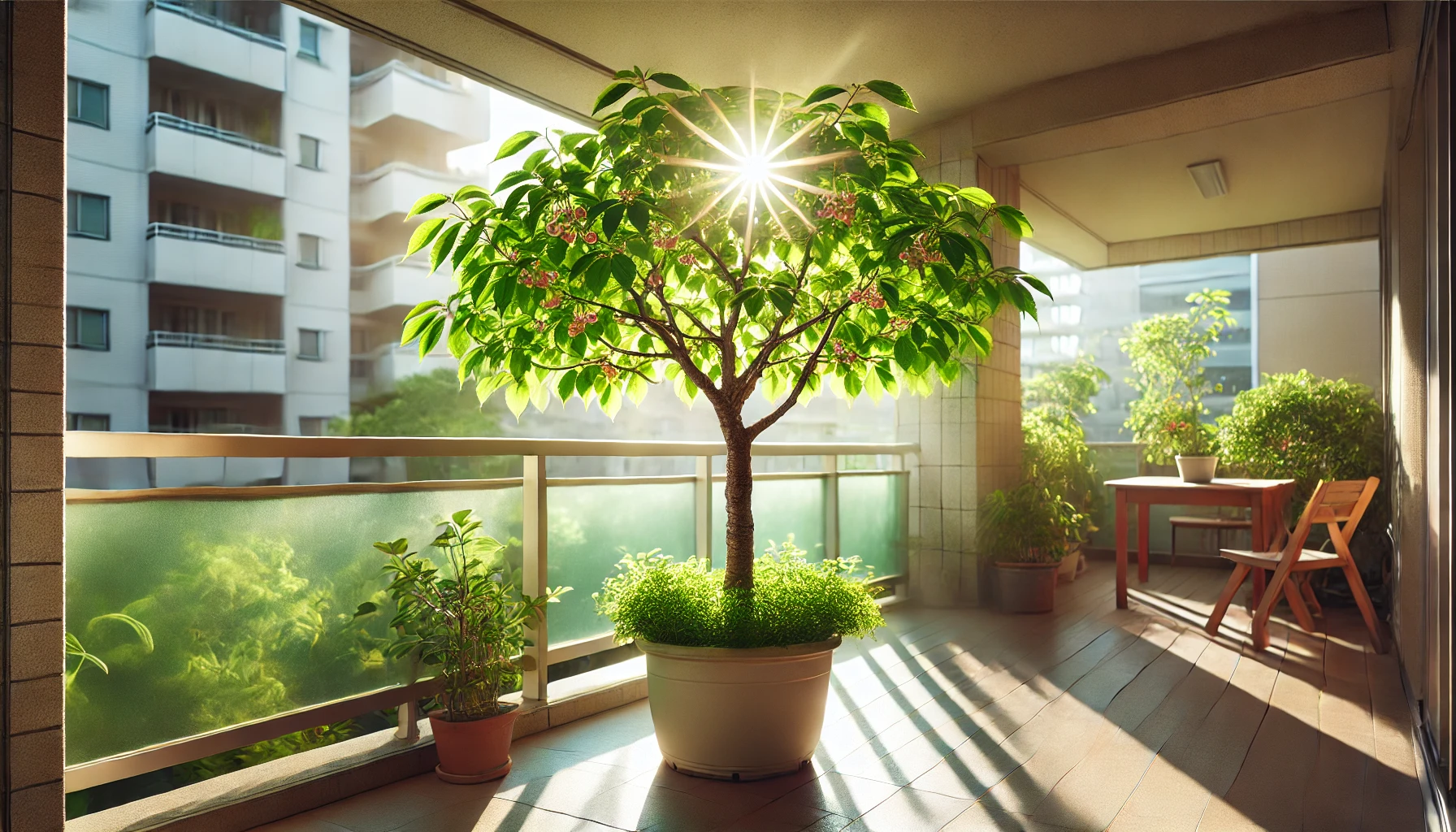 A sunlit balcony features a small tree in a pot, surrounded by lush greenery, a table, and a chair, creating a serene urban oasis.