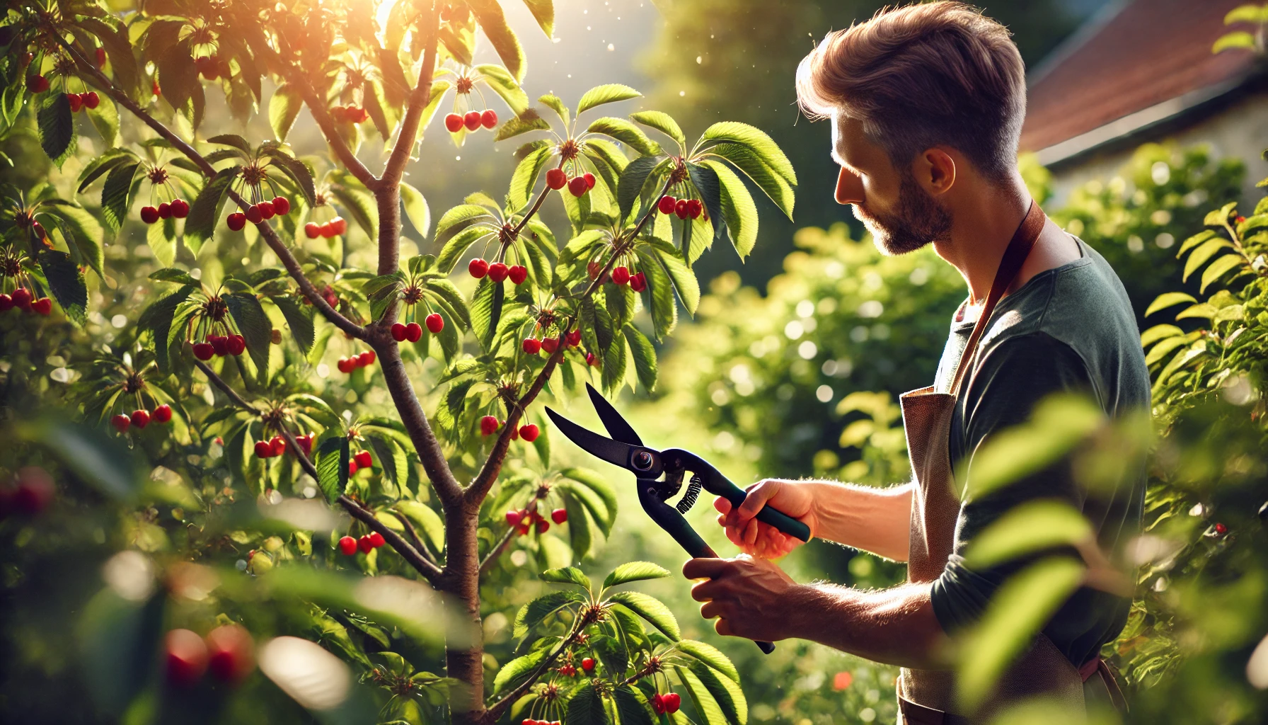 A person gardening with pruning shears, carefully trimming a cherry tree laden with bright red cherries in warm sunlight.