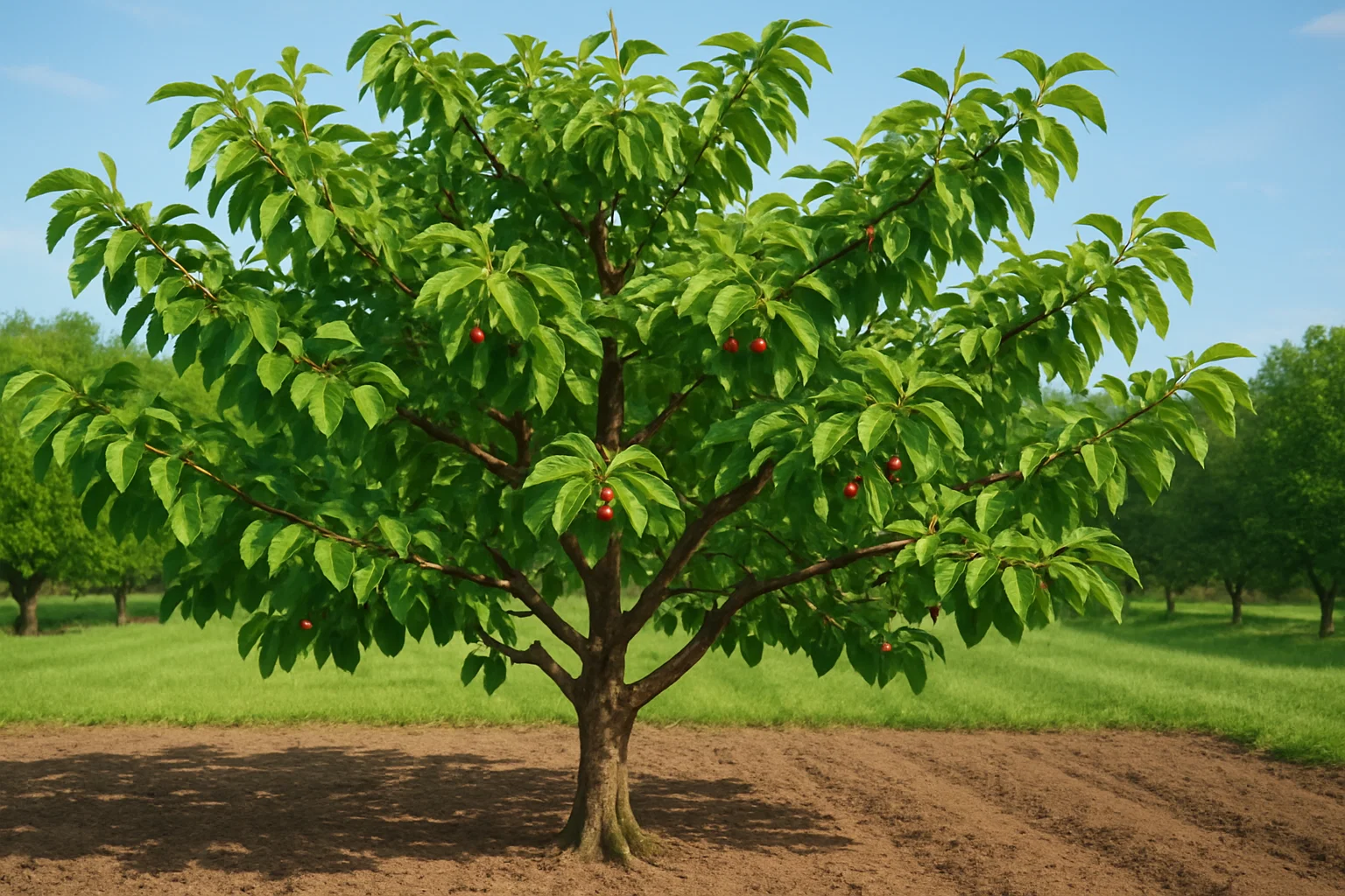 A lush fruit tree with vibrant green leaves and small red fruits, standing in a sunny field with a clear blue sky above.