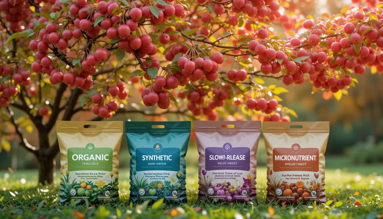 Four vibrant fertilizer bags labeled "Organic," "Synthetic," "Slow-Release," and "Micronutrient" are displayed under a fruit-laden tree.