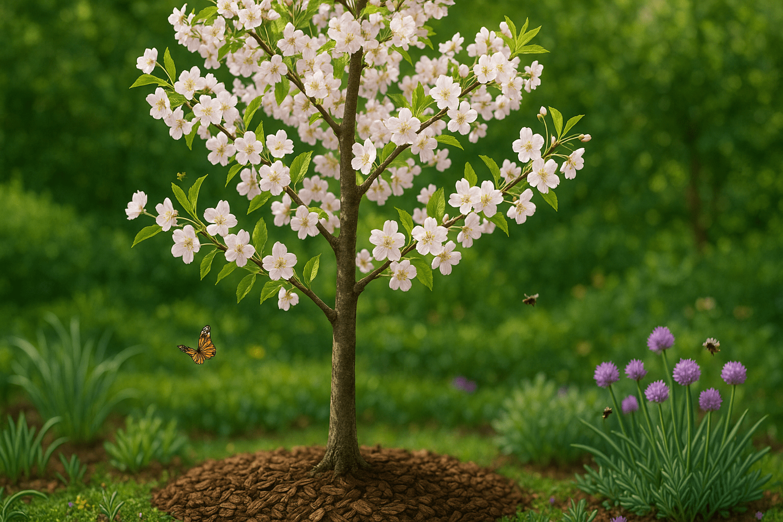 A blossoming pink tree with delicate flowers, surrounded by greenery and buzzing bees, set in a serene garden landscape.