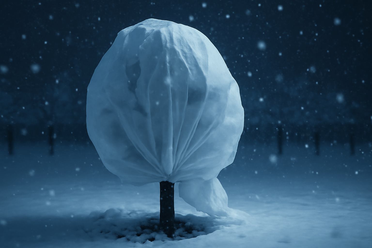 A snow-covered tree wrapped in white fabric stands still in a snowy landscape, with gentle snowfall under a dark, winter sky.