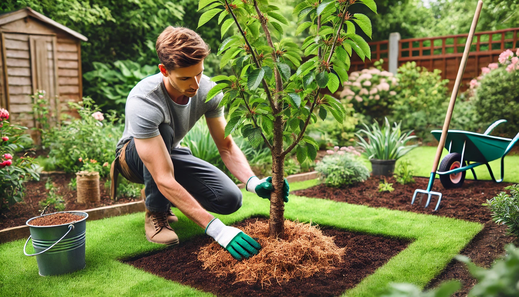A person plants a young tree, applying mulch around its base in a vibrant garden full of flowers and greenery. A wheelbarrow and tools nearby.