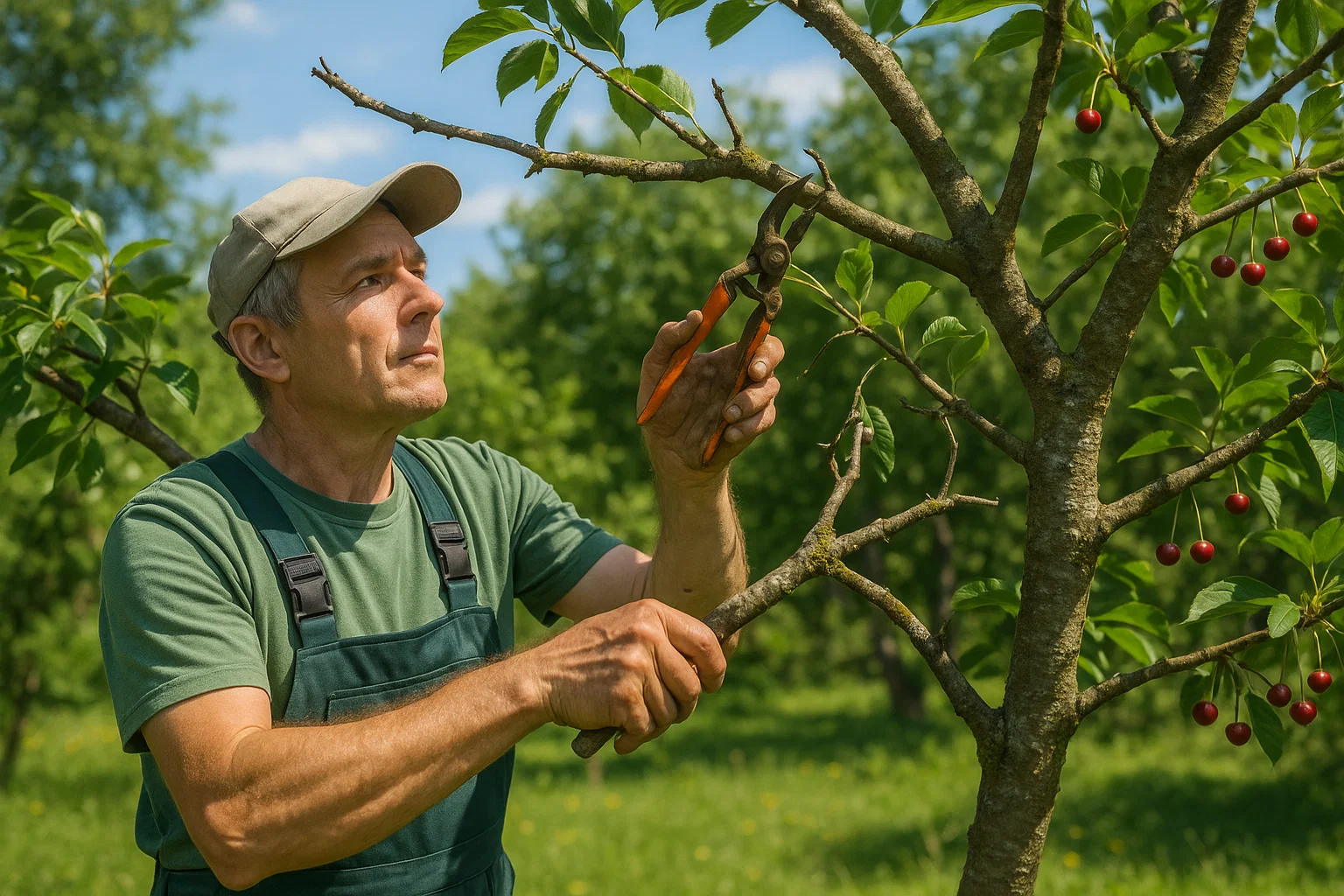A person in a green shirt and overalls prunes a cherry tree with clippers, surrounded by lush greenery and ripe cherries.