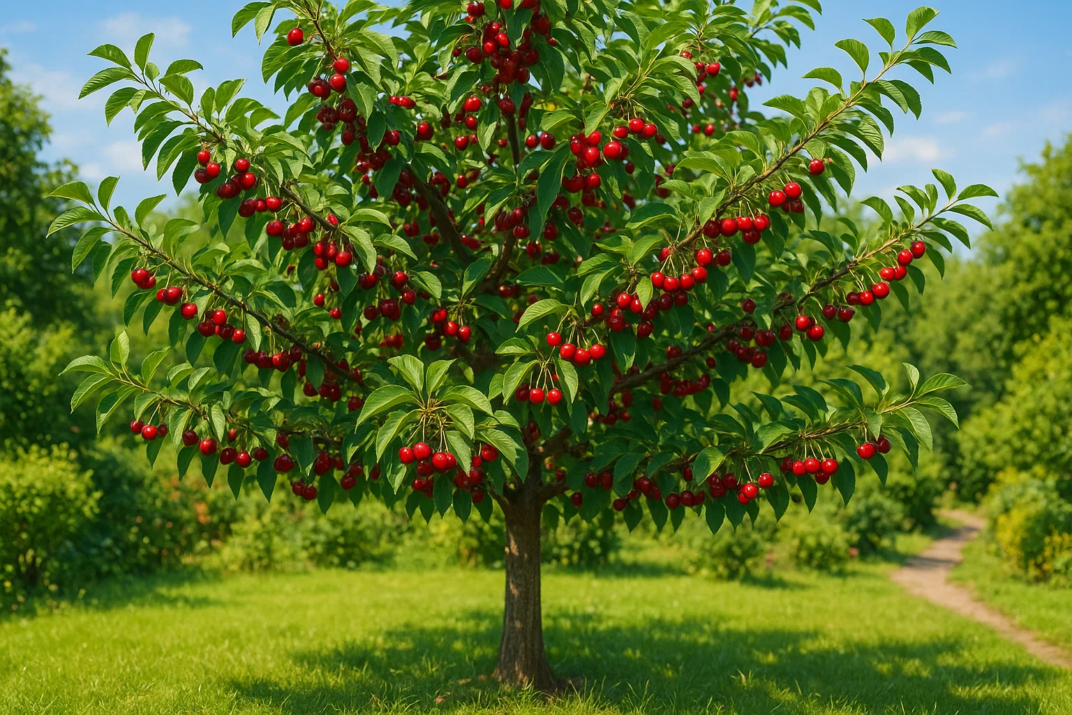 A vibrant cherry tree laden with ripe red cherries, surrounded by lush greenery under a bright blue sky.