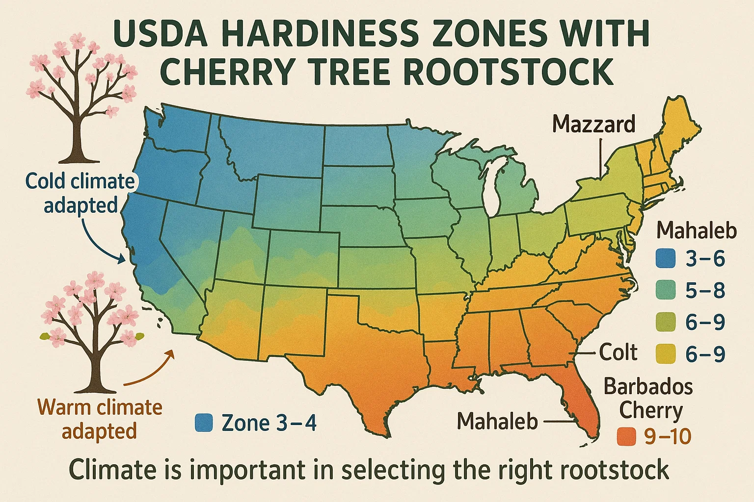 A colorful USDA hardiness zone map highlighting cherry tree rootstocks for various climates across the United States.