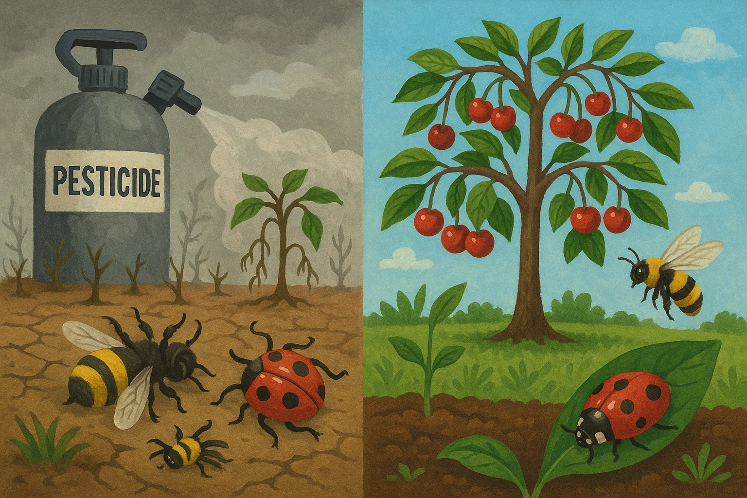 A split illustration: left side shows pesticide harming insects and dead plants; right side depicts a vibrant tree with healthy insects and fruit.