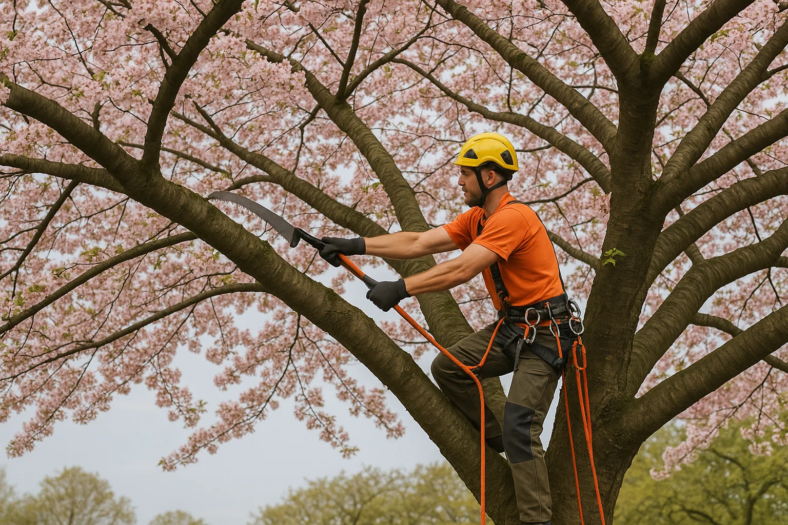 A tree trimmer wearing a helmet and gloves carefully prunes branches of a flowering cherry tree, surrounded by pink blossoms.