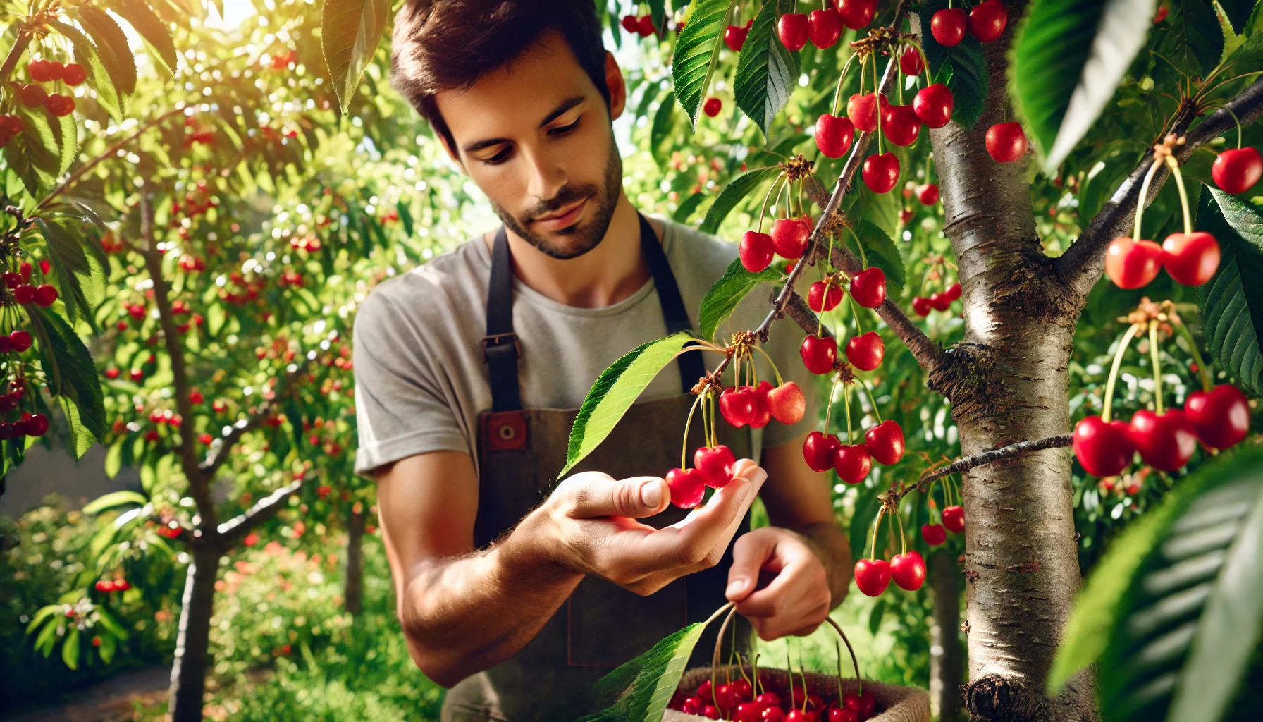 A person in an apron gathers bright red cherries from lush green cherry trees, with sunlight filtering through the leaves.