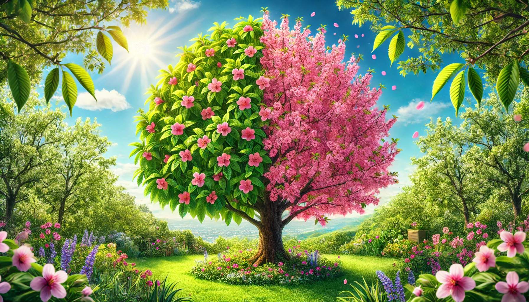 A vibrant tree with lush green leaves and pink blossoms stands in a sunlit garden, surrounded by colorful flowers and greenery.