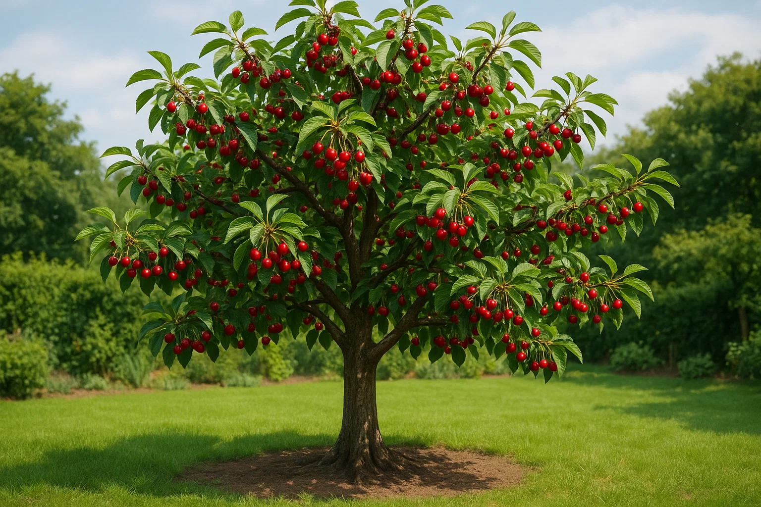 A lush cherry tree laden with bright red cherries stands in a green garden under a clear blue sky.