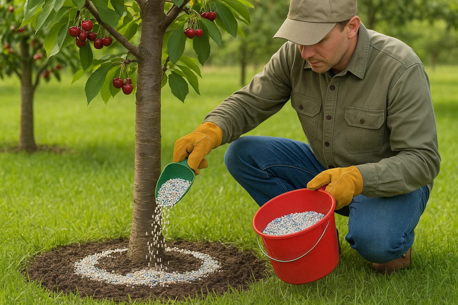 A person kneels by a young cherry tree, spreading granular fertilizer around its base while wearing gloves and a hat.