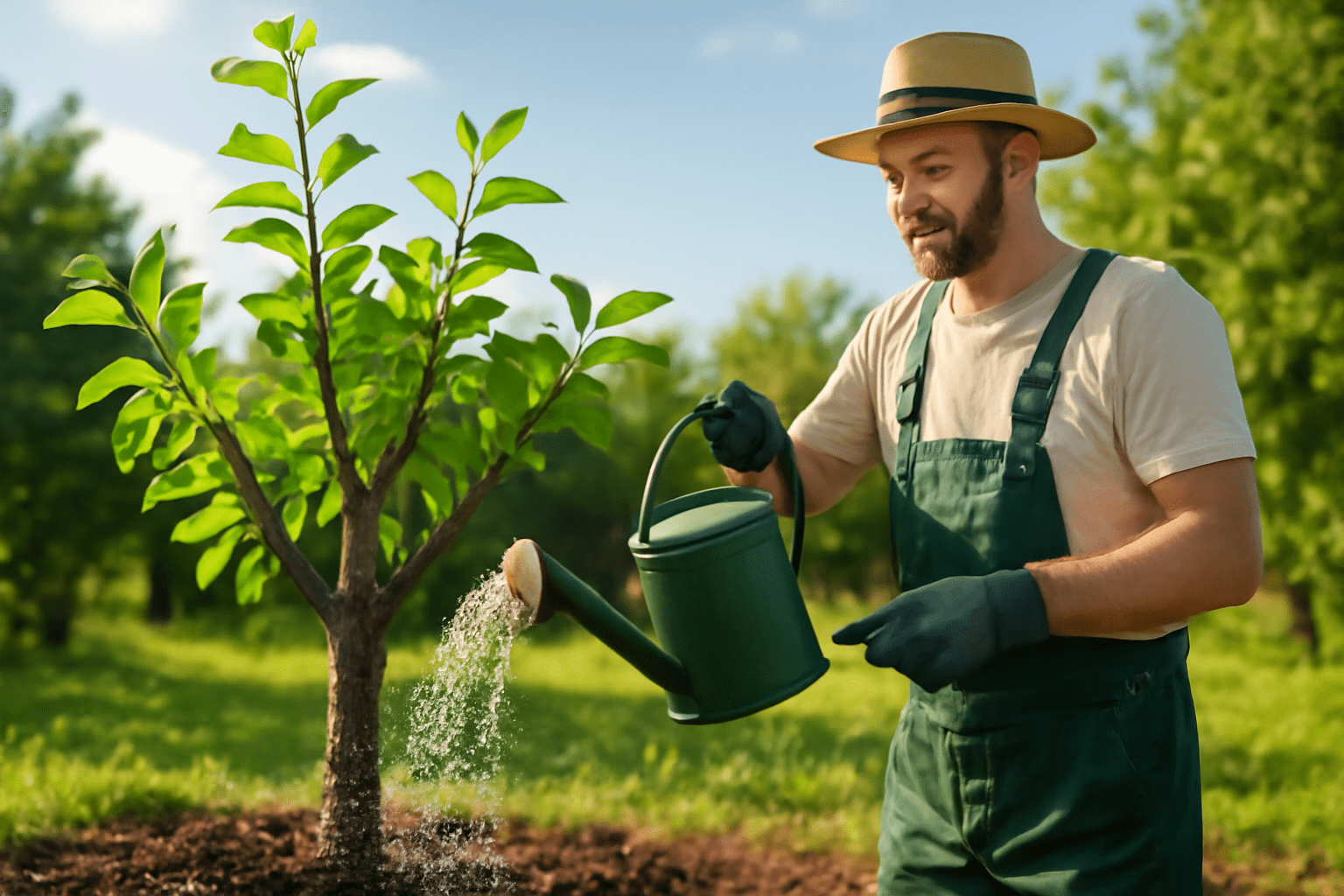 A person in green overalls and gloves waters a young tree with a green watering can in a sunny outdoor setting.