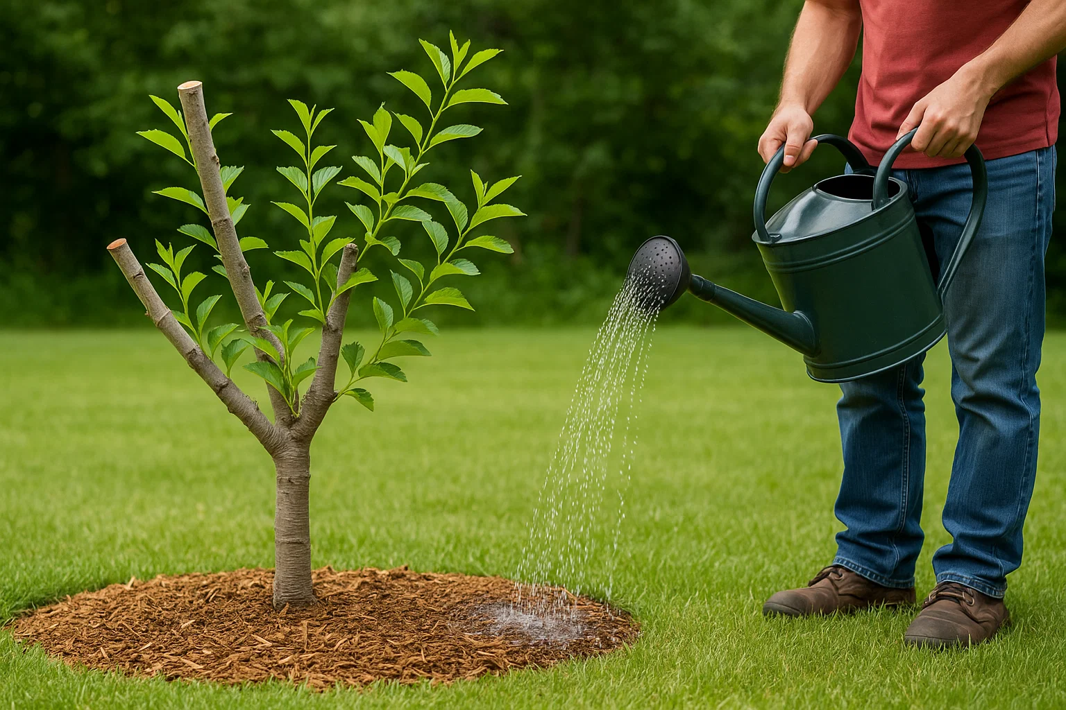 A person waters a young tree planted in mulch, using a green watering can on a lush green lawn.