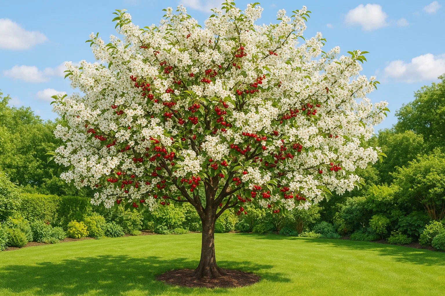 A lush tree covered in white flowers and vibrant red fruit stands in a green lawn under a blue sky with scattered clouds.