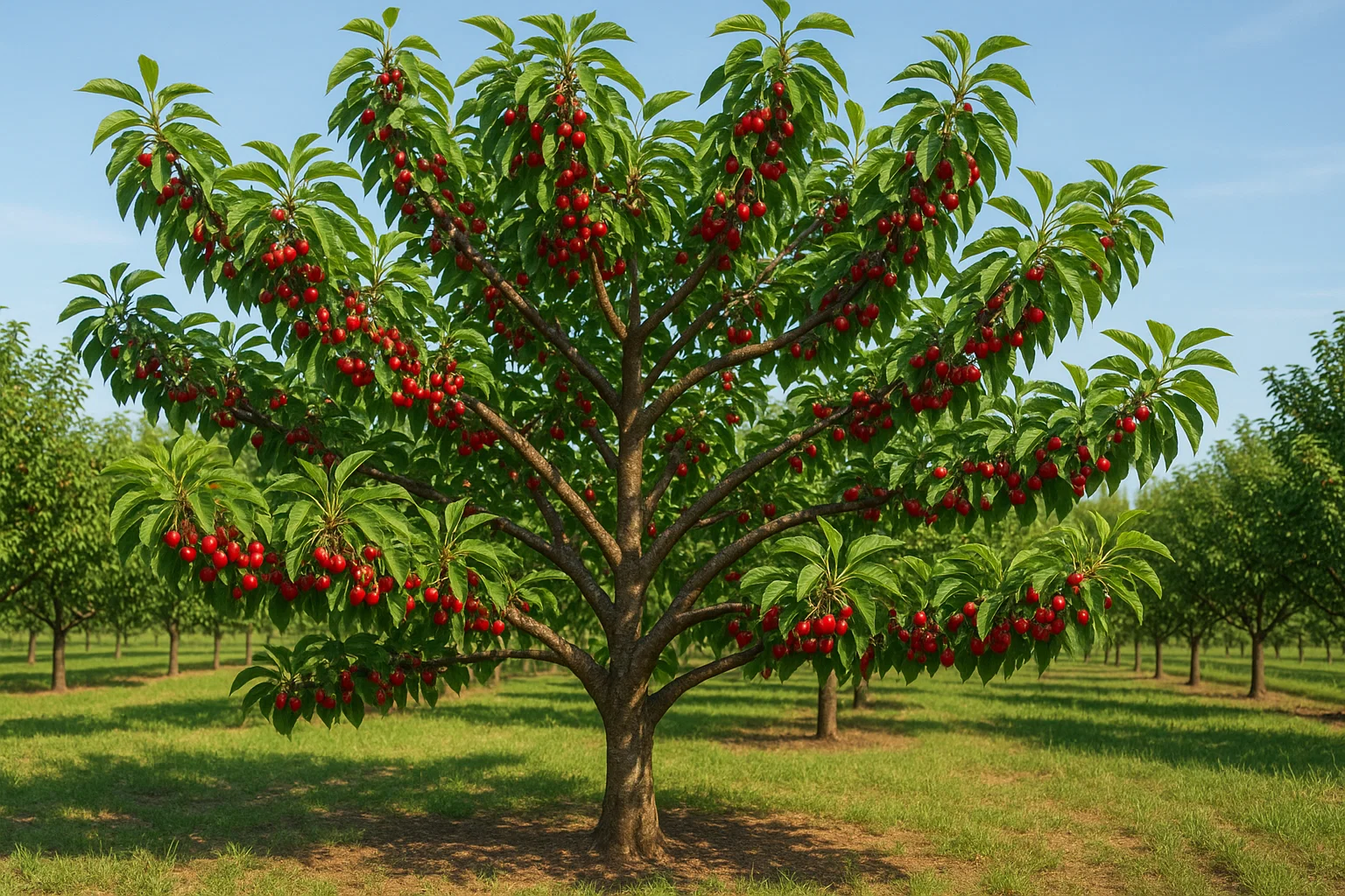 A vibrant tree laden with bright red fruits stands in a lush orchard against a clear blue sky.