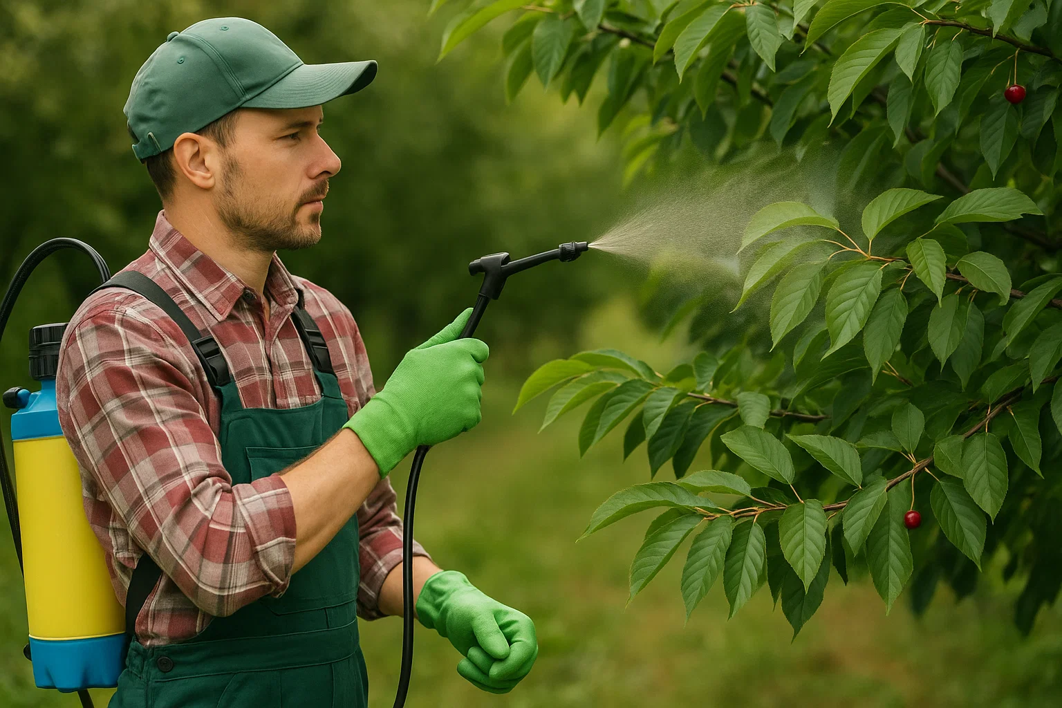 A person in green gloves sprays pesticide on a leafy tree using a handheld sprayer, surrounded by a lush outdoor setting.