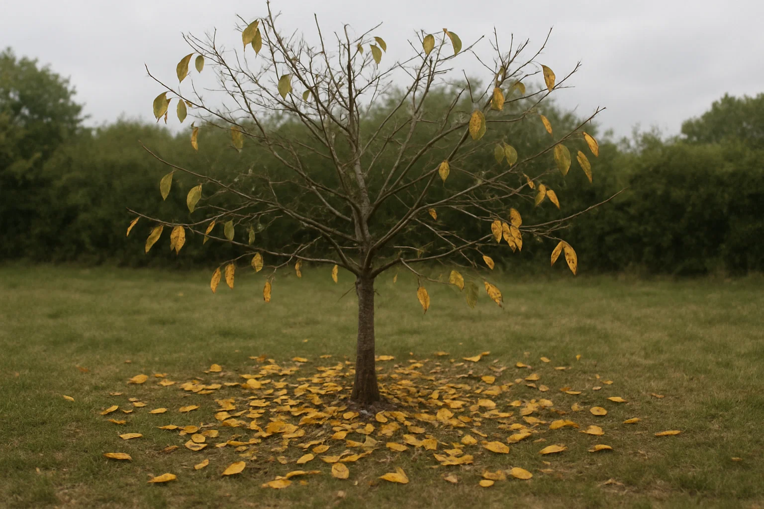 A leafless tree with sparse yellow leaves stands in a grassy field, surrounded by fallen yellow leaves on the ground.