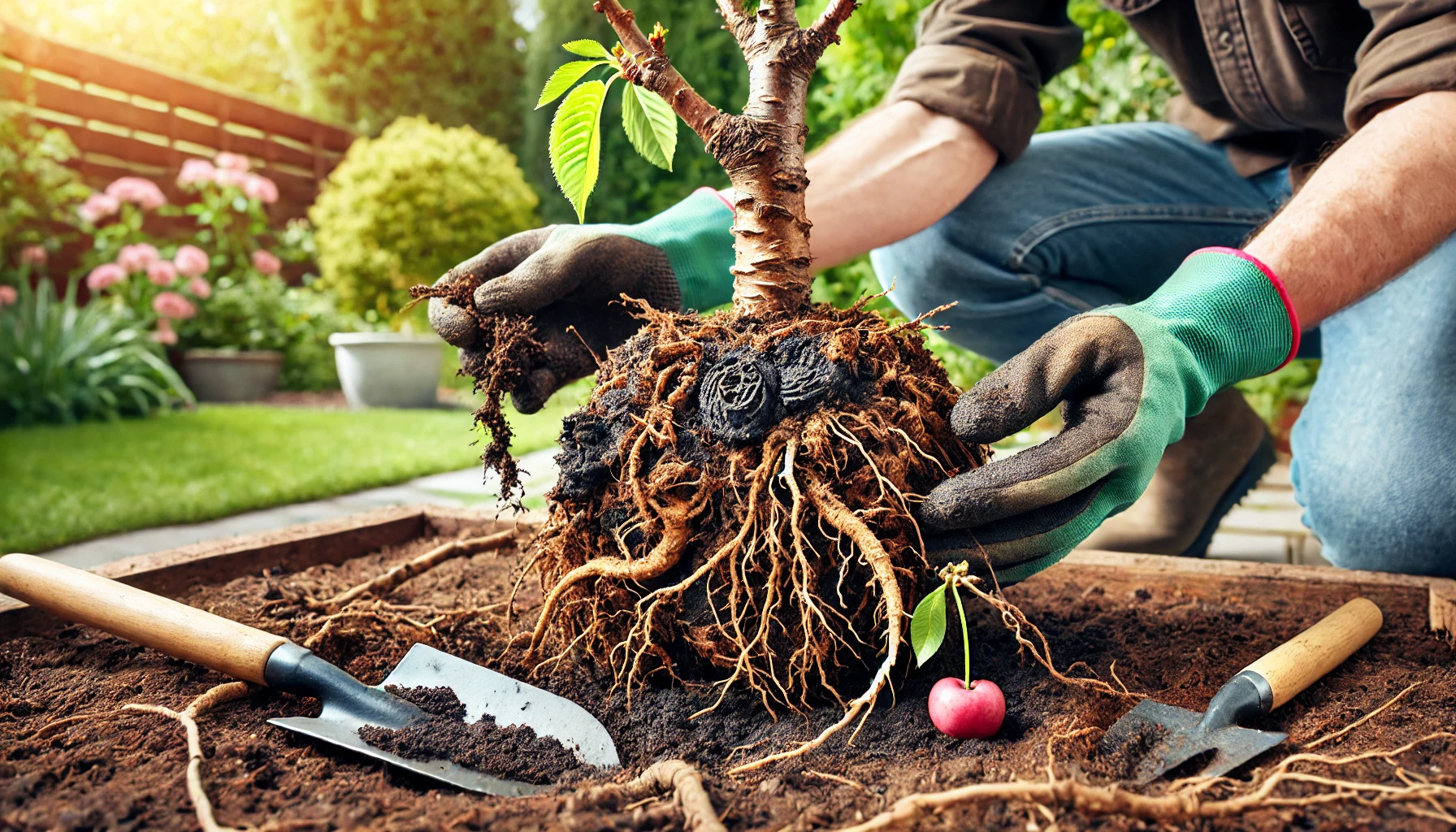 A gardener with green gloves repots a small tree, revealing its intricate roots, surrounded by a vibrant garden and tools.