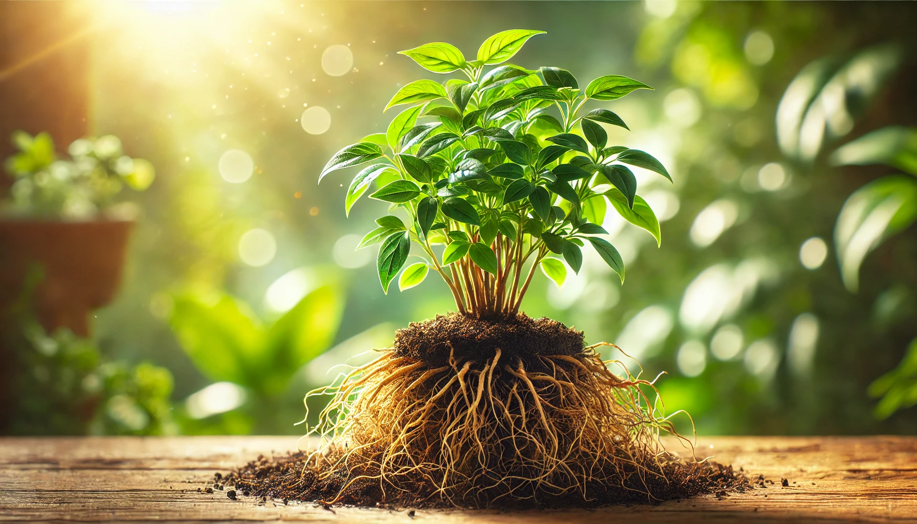 A vibrant green plant with rich roots sits on a wooden surface, illuminated by soft sunlight in a lush, blurred background.