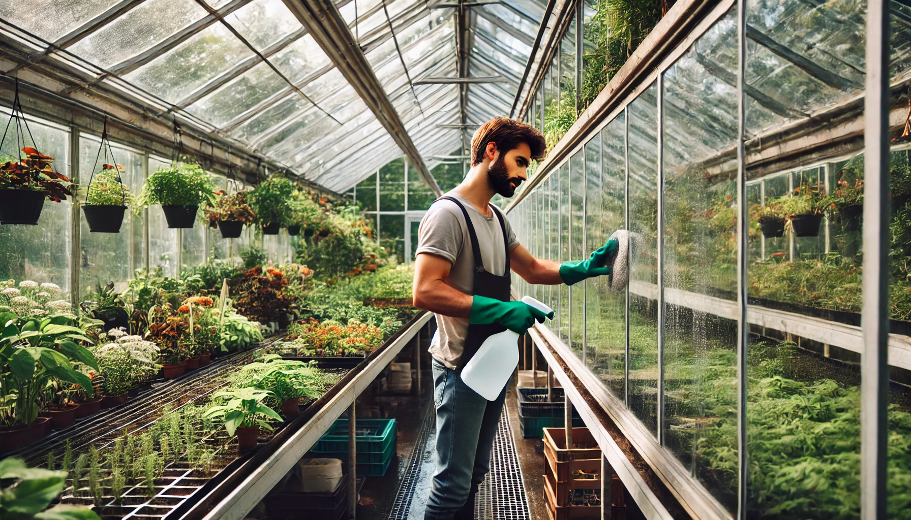 A person in a greenhouse cleans a glass panel, surrounded by lush plants in pots and hanging baskets, adding vibrancy to the space.
