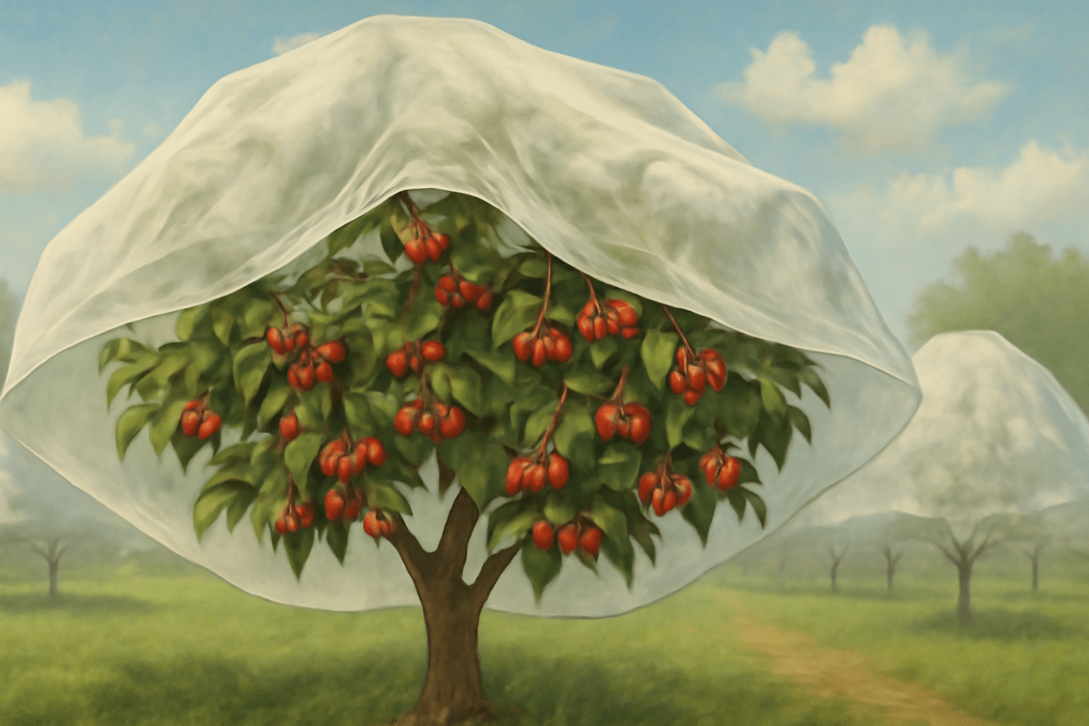 A surreal landscape with fruit trees draped in protective white coverings, showcasing vibrant red fruit against a blue sky.