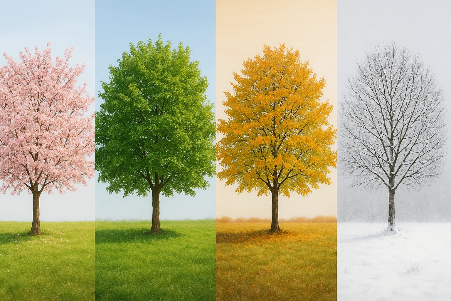 Four trees in a row display seasonal changes: pink blossoms, lush green leaves, golden autumn, and bare branches in snow.