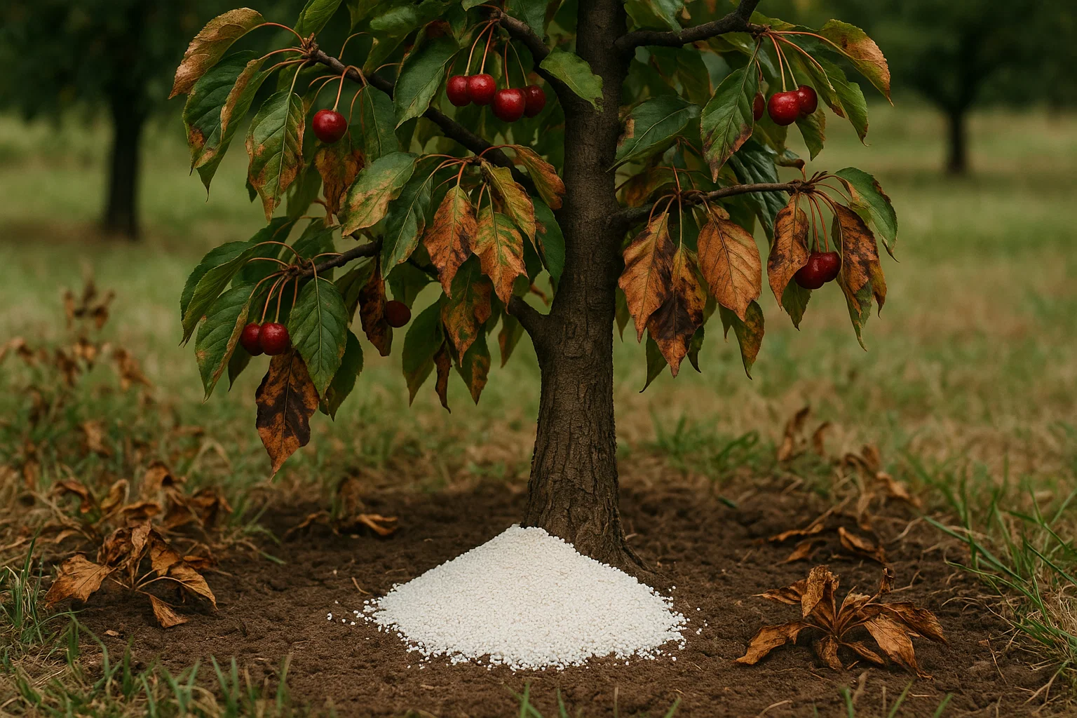 A cherry tree with ripe red cherries and partially wilted leaves is surrounded by a mound of white granules on the soil below.