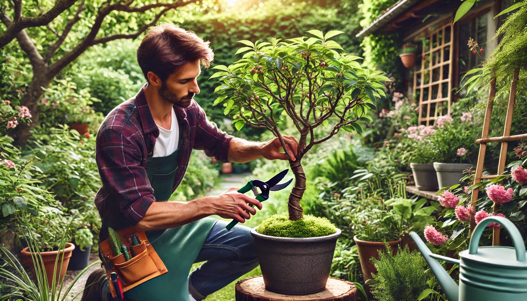 A person tending to a bonsai tree in a lush garden, using pruning shears and surrounded by vibrant plants and flowers.