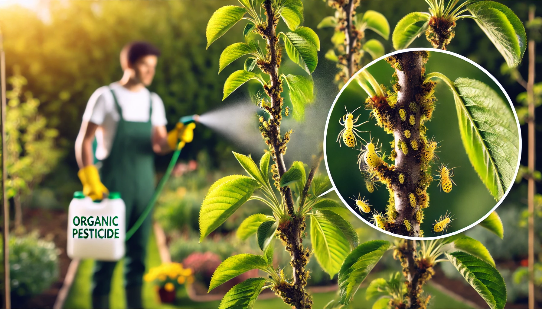 A gardener in green overalls sprays organic pesticide on a plant infested with yellow insects, surrounded by a lush garden.