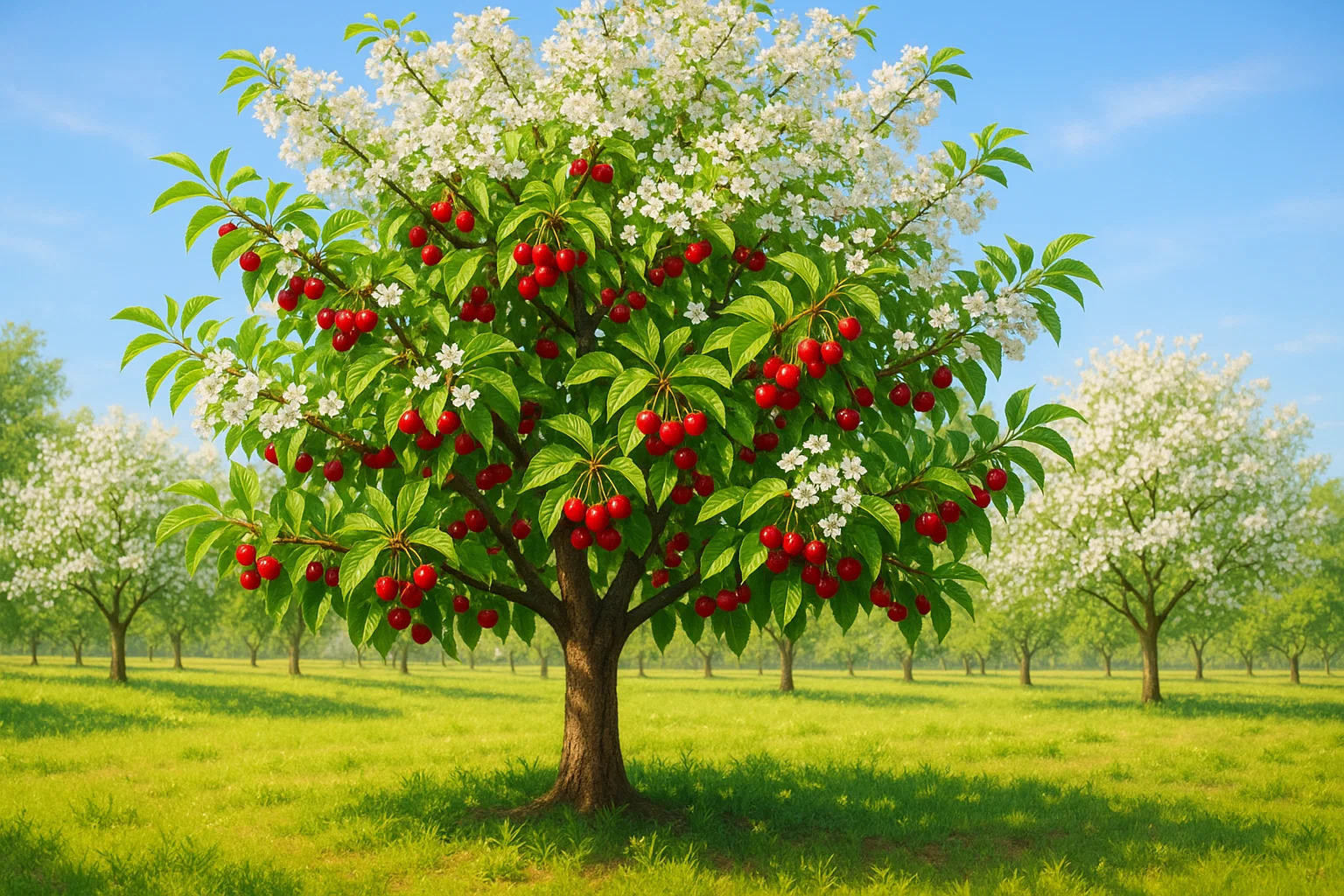 A vibrant cherry tree laden with bright red cherries and blooming white flowers, set in a sunny orchard with green grass.