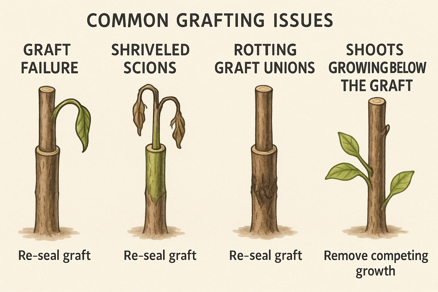 Illustration of common grafting issues: graft failure, shriveled scions, rotting unions, and shoots below the graft with solutions.