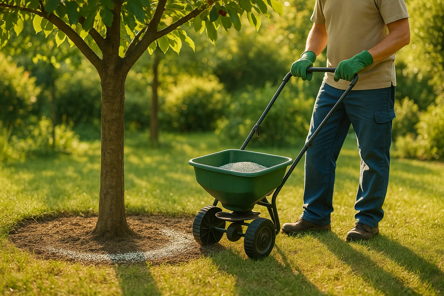 A man in gloves uses a green wheelbarrow to spread fertilizer around the base of a young tree in a sunlit garden.