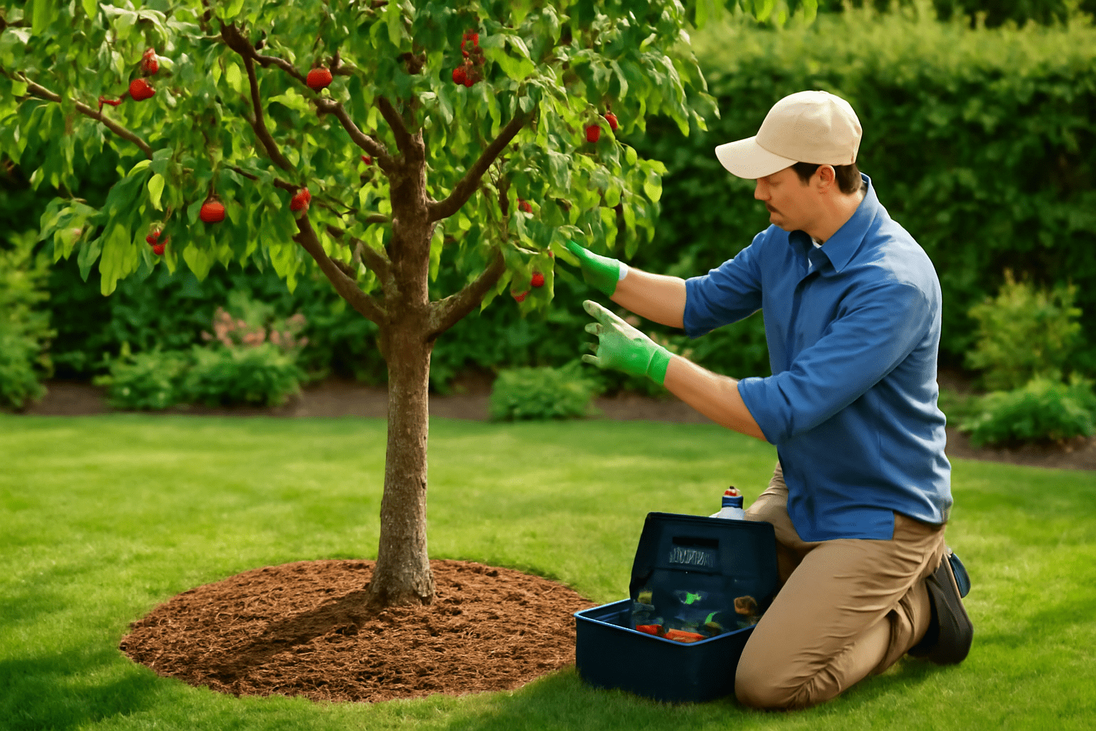 A person in green gloves kneels by a small fruit tree, examining its red apples, with a toolbox beside them in a lush garden setting.