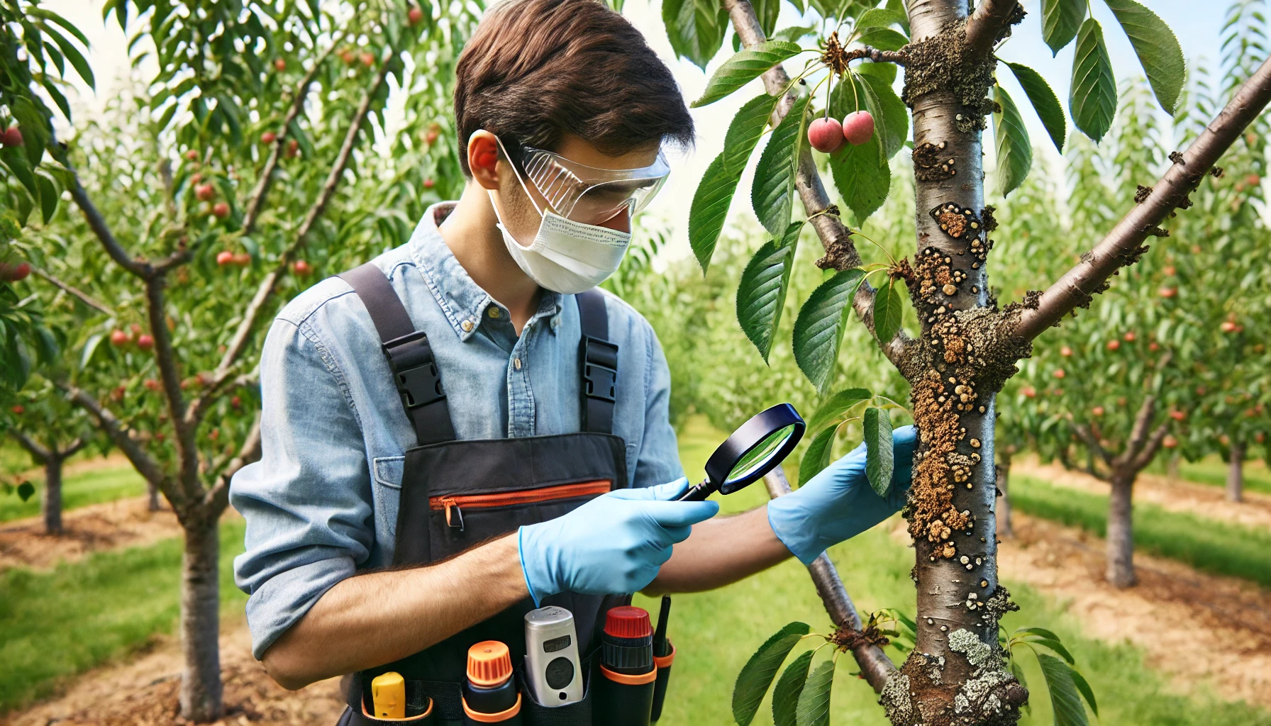 A person in a denim shirt and gloves inspects a tree trunk with a magnifying glass in a lush orchard, surrounded by cherry trees.