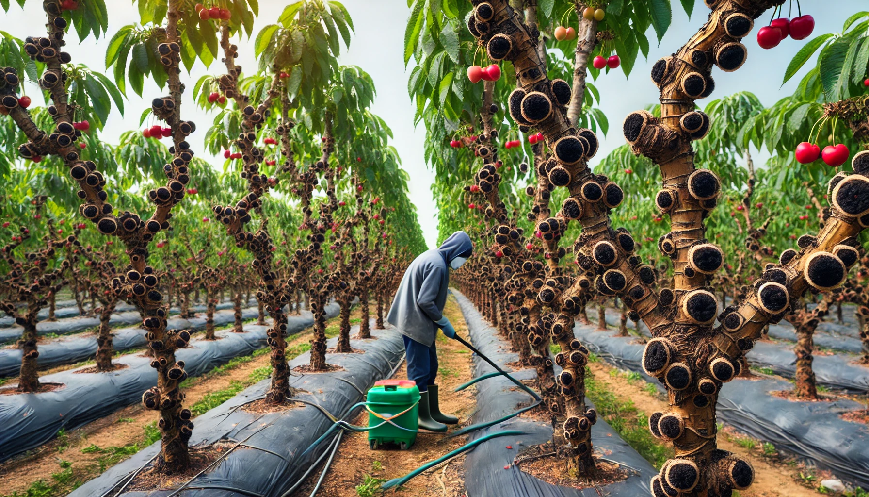 A worker in protective gear uses a sprayer among rows of cherry trees with unique, textured branches and ripe red cherries.