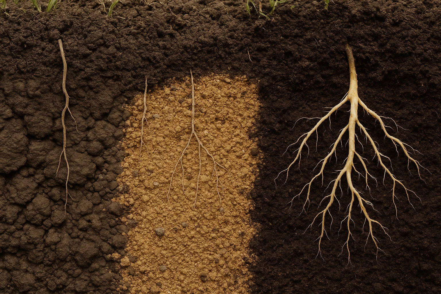 Cross-section of soil layers showing varied textures: dark, crumbly soil and lighter, sandy soil, with roots extending into each layer.