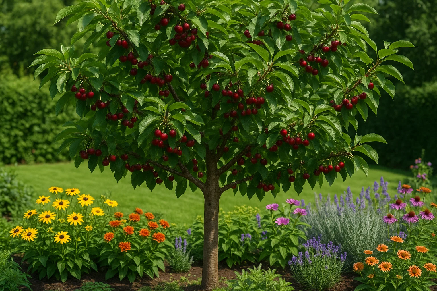 A vibrant cherry tree laden with red cherries, surrounded by colorful flower beds of yellow, orange, and purple blooms in a lush garden.
