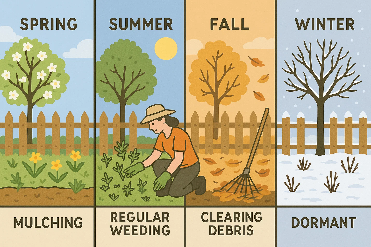 Illustration of seasonal gardening tasks: Spring mulching, Summer weeding, Fall debris clearing, Winter dormancy, with trees and landscapes.