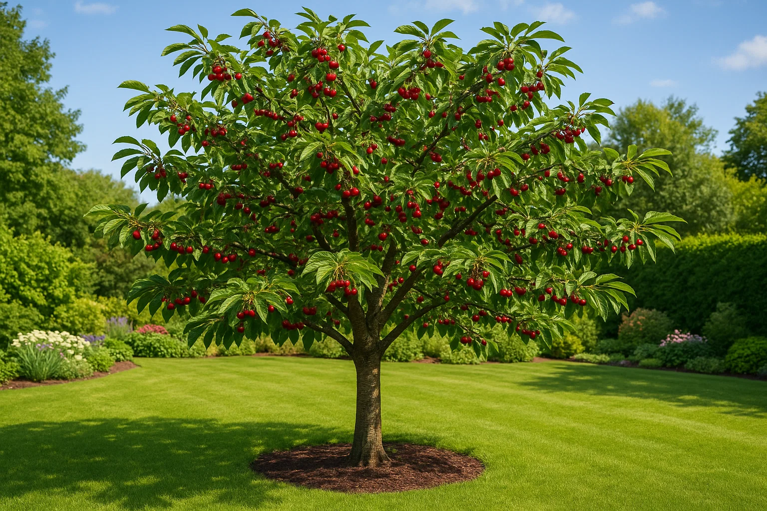 A lush cherry tree laden with bright red cherries stands in a manicured green lawn surrounded by vibrant garden shrubs.