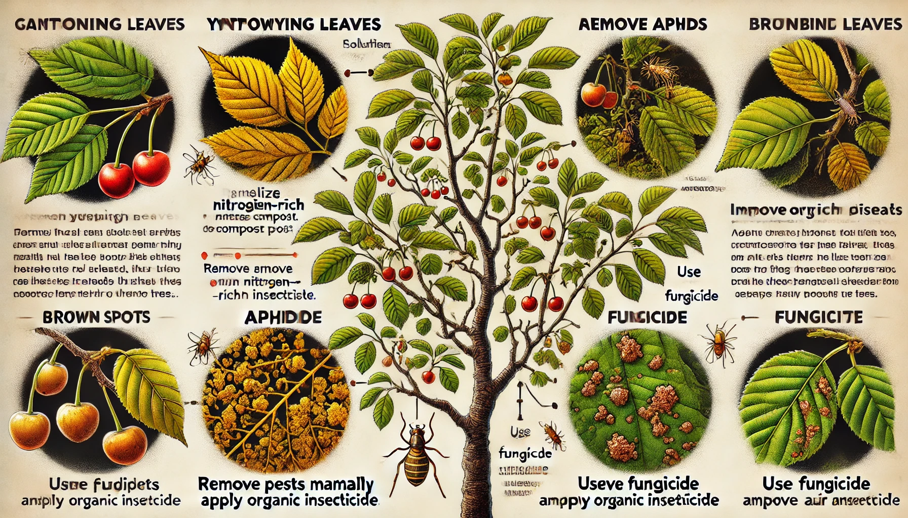 Illustrative guide on tree care, detailing pest management, nutrient enhancement, and disease treatment strategies.