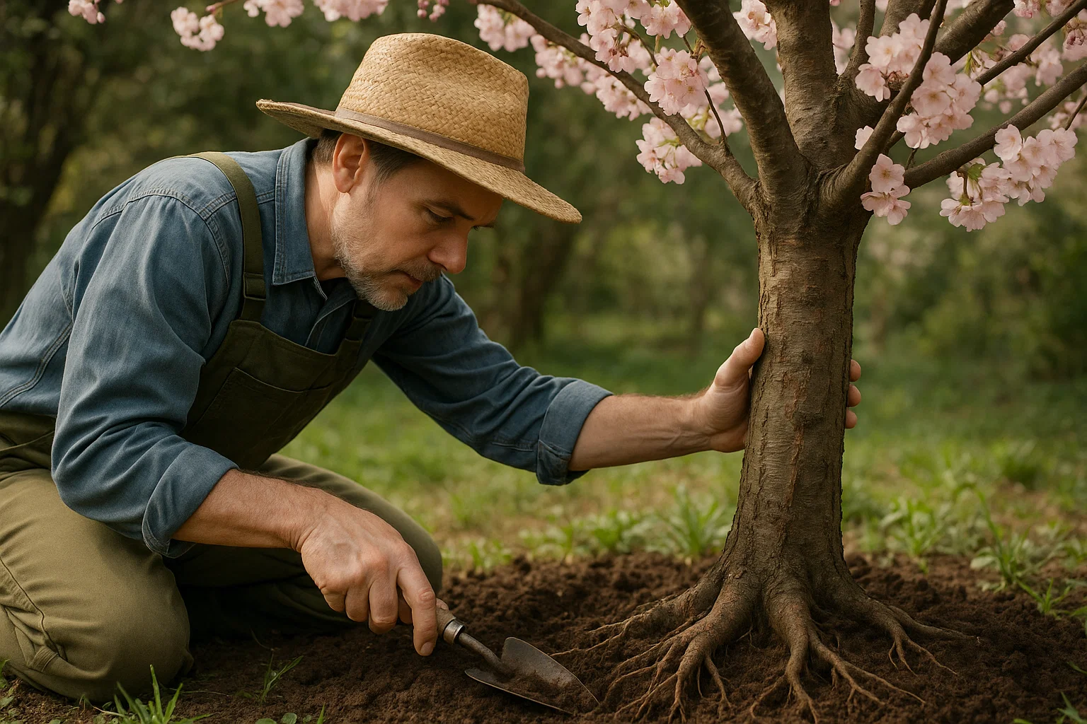 A person in a straw hat kneels beside a blossoming tree, using a trowel to care for its roots in a lush green garden.