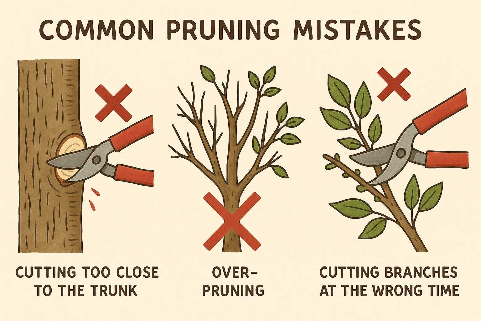Illustration depicting common pruning mistakes: cutting too close to the trunk, over-pruning, and cutting branches at the wrong time.