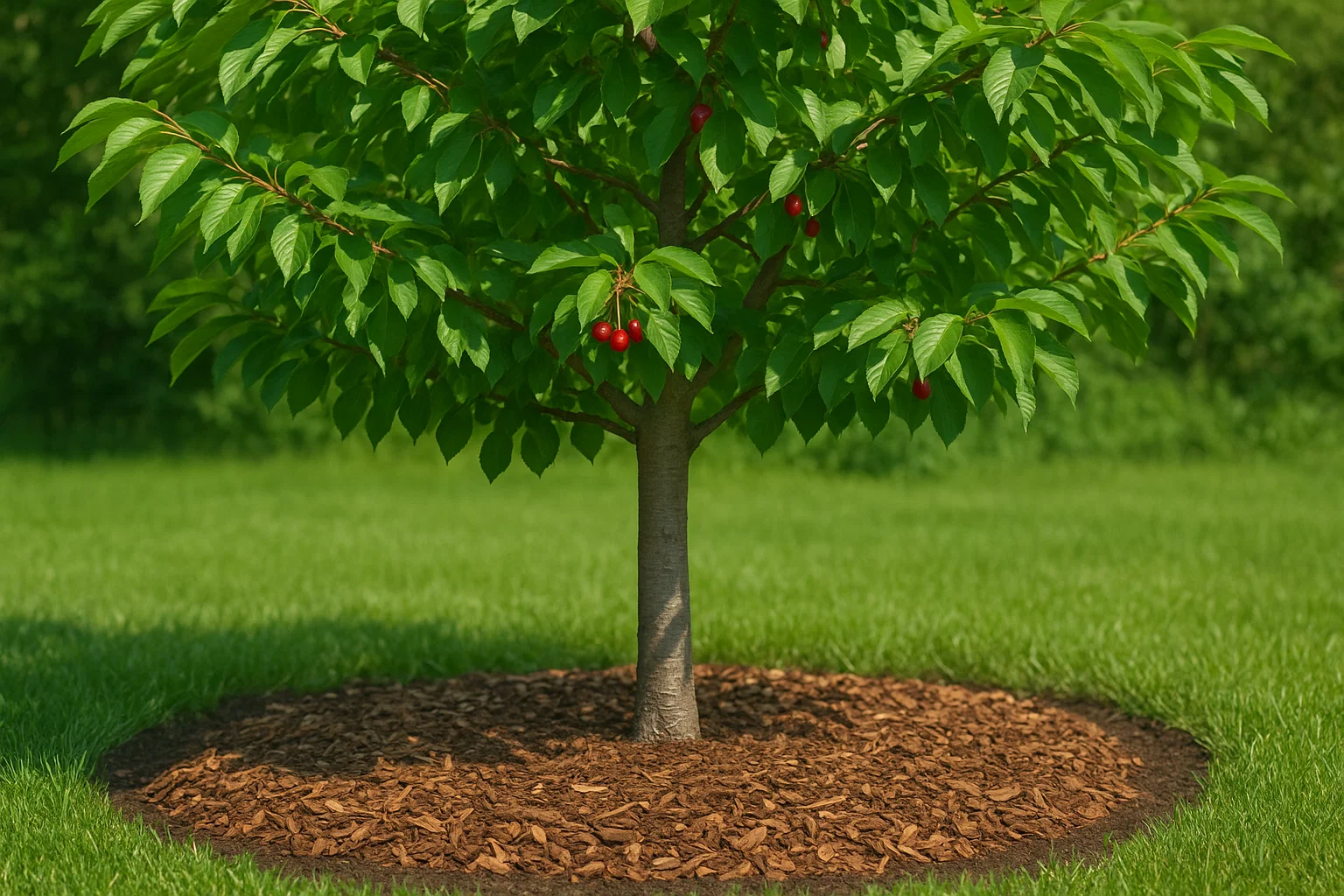 A lush green tree with red cherries hangs over a circular bed of mulch, set against a vibrant grassy landscape.
