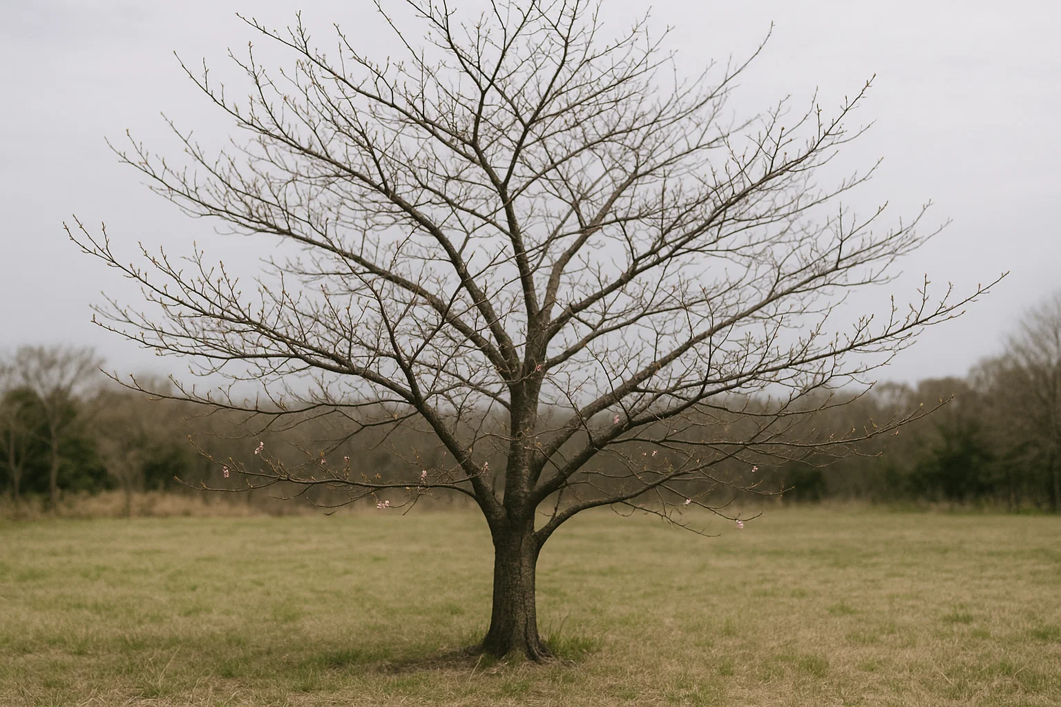 A solitary, leafless tree stands in a grassy field under a cloudy sky, with a few early blossoms emerging on its branches.